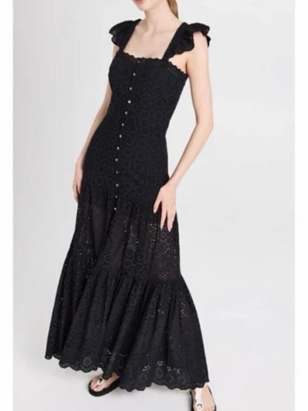Veronica Beard Black Eyelet Ruffle-Shoulder Maxi Dress with Buttons
